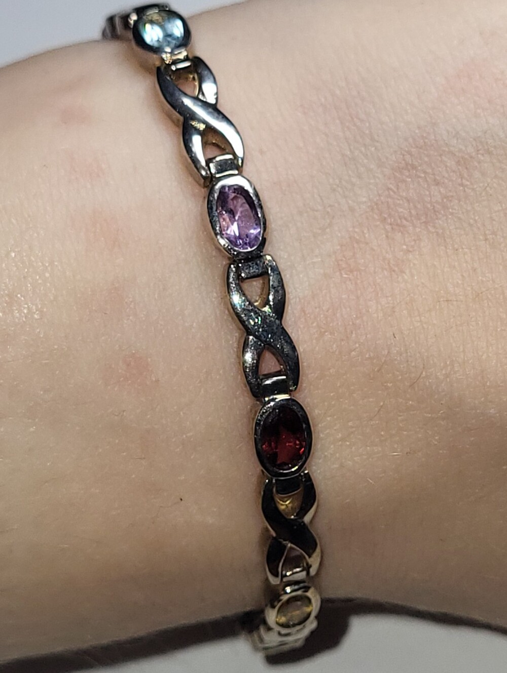 Vintage Sterling Silver Multicolor Gemstone Infinity Link Bracelet - Picture 9 of 10